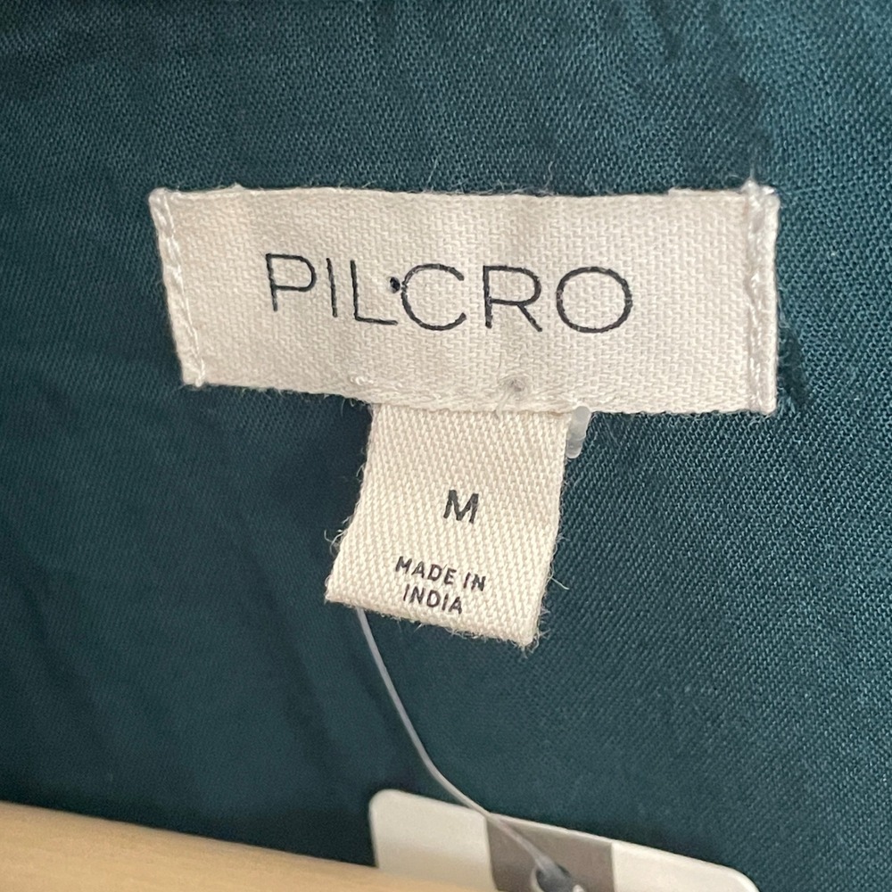 NEW Pilcro Anthropologie Womens Medium Dark Green Velvet Ruffle Button Up Shirt - Picture 3 of 10